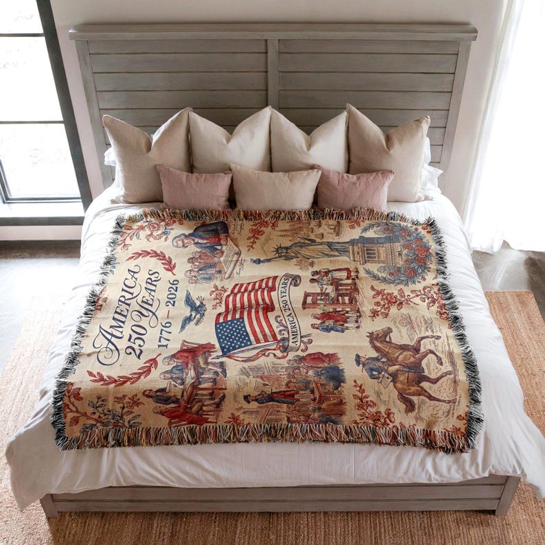 America 250th Anniversary Woven Blanket: Patriotic Colonial USA Throw Blanket