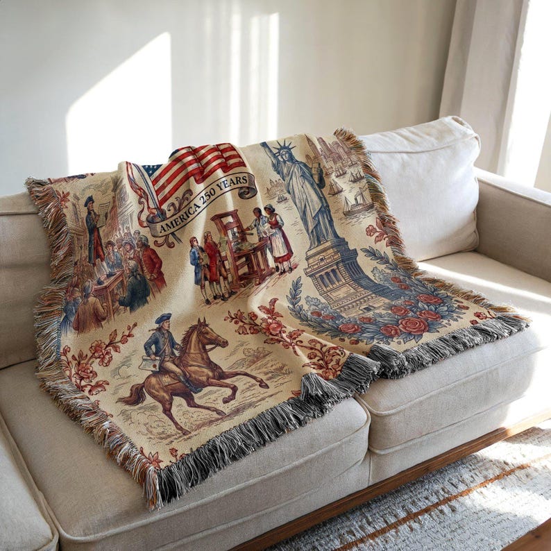 America 250th Anniversary Woven Blanket: Patriotic Colonial USA Throw Blanket