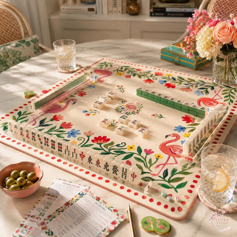 Flamingo Garden Mahjong Mat, Folk Art Floral Game Mat, Custom Monogram Mahjong Mat