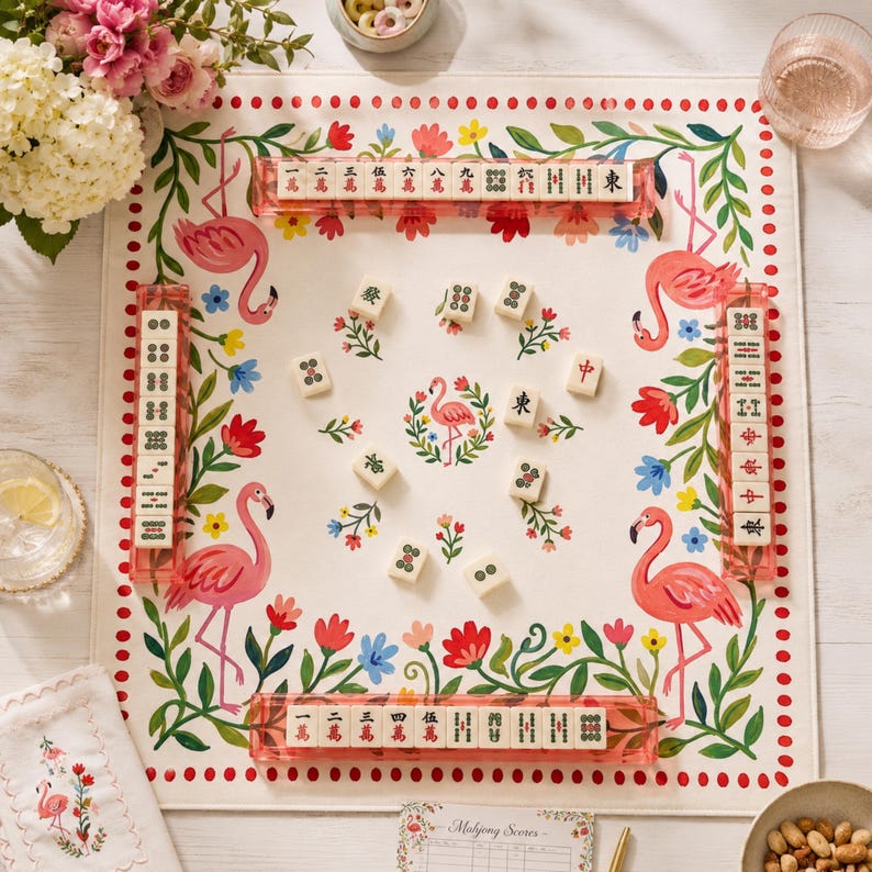 Flamingo Garden Mahjong Mat, Folk Art Floral Game Mat, Custom Monogram Mahjong Mat