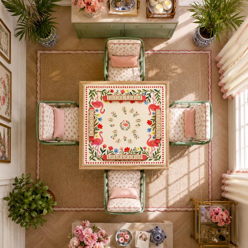 Flamingo Garden Mahjong Mat, Folk Art Floral Game Mat, Custom Monogram Mahjong Mat