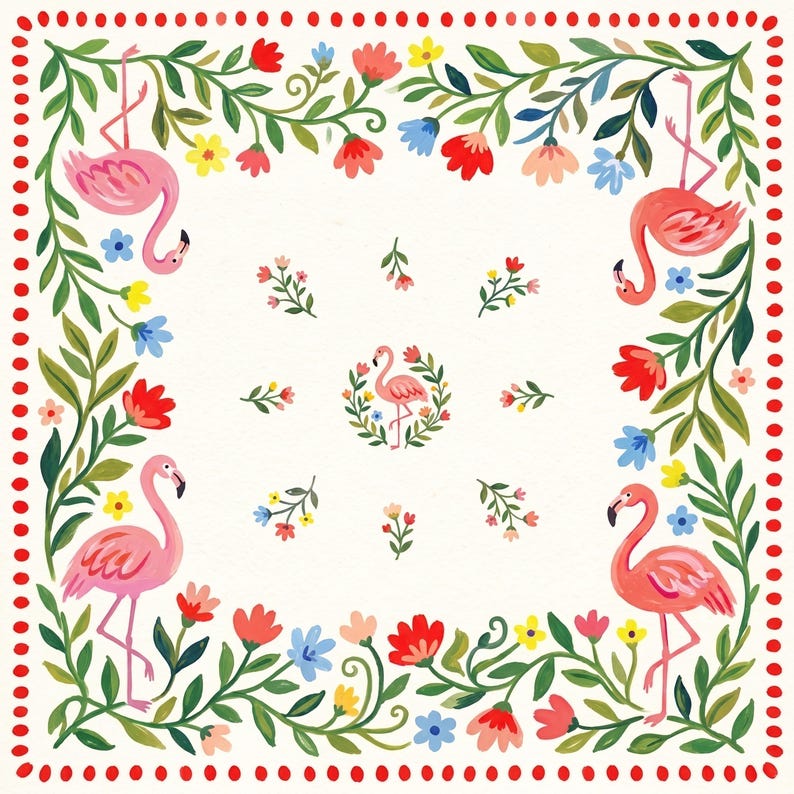 Flamingo Garden Mahjong Mat, Folk Art Floral Game Mat, Custom Monogram Mahjong Mat