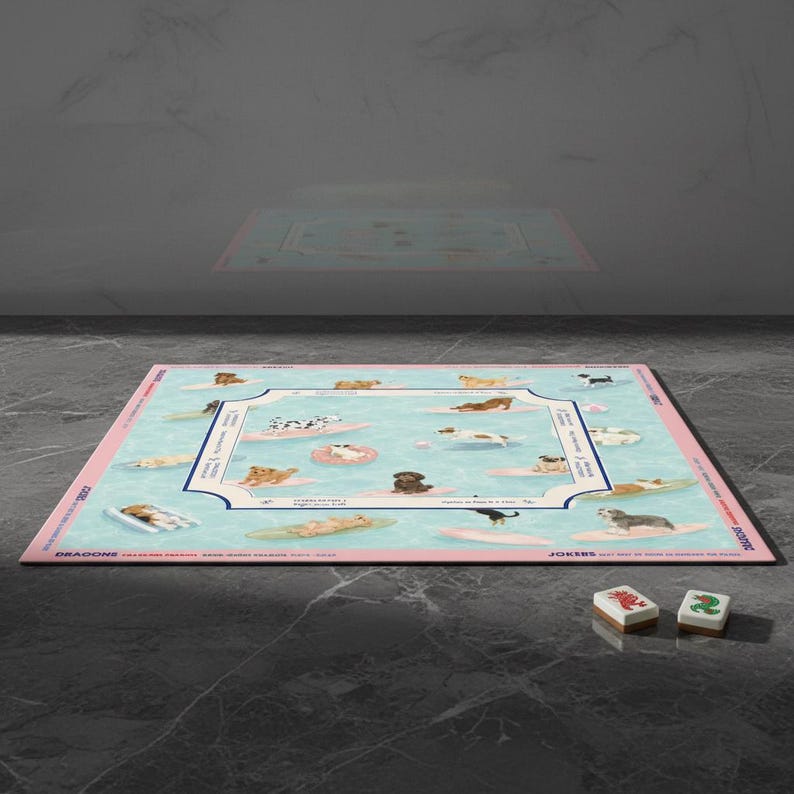 Mahjong Mat Fun Dog Surfing Design, Unique Mahjong Playing Surface, Game Night Accessories