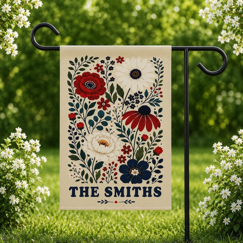 Personalized Floral Garden Flag, Custom Family Name Yard Flag, Patriotic Wildflower