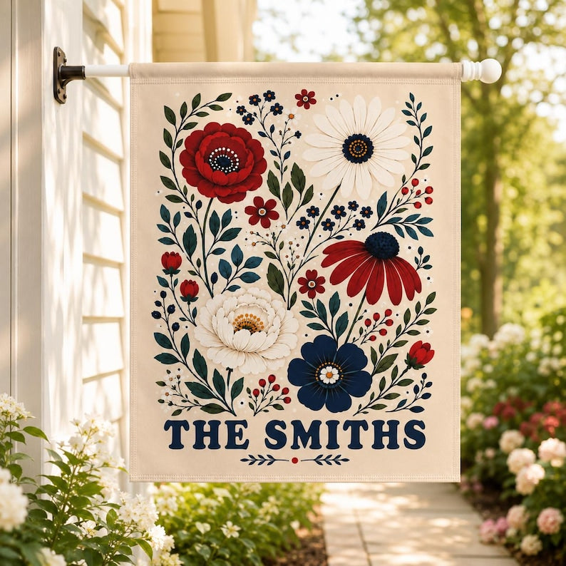 Personalized Floral Garden Flag, Custom Family Name Yard Flag, Patriotic Wildflower