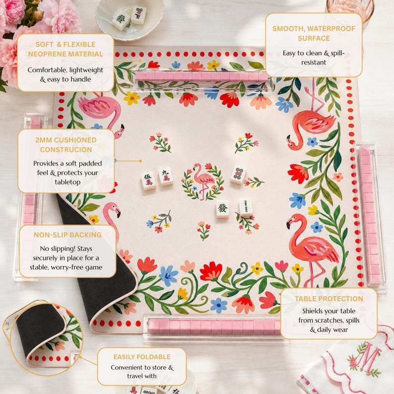 Flamingo Garden Mahjong Mat, Folk Art Floral Game Mat, Custom Monogram Mahjong Mat