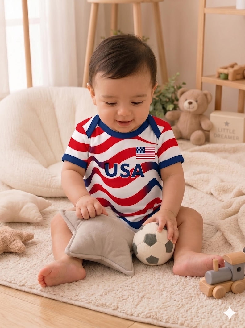 Custom USA Baby Jersey, Personalized PatrioticRed White Blue Soccer Infant Bodysuit