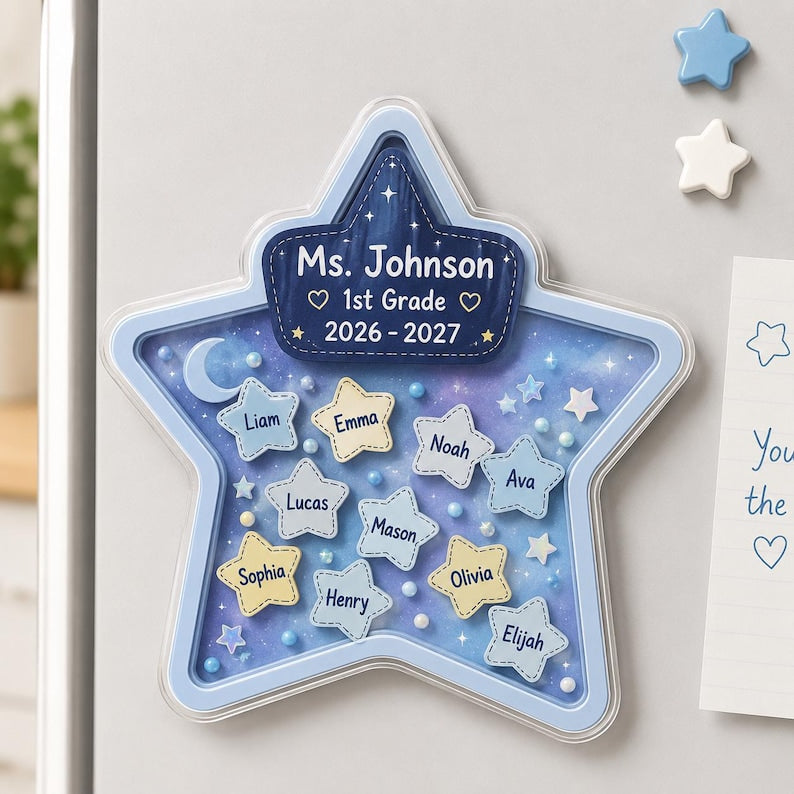 Personalized Star Teacher Fridge Magnet, Custom Student Name Shaker Magnet, Galaxy Classroom Gift