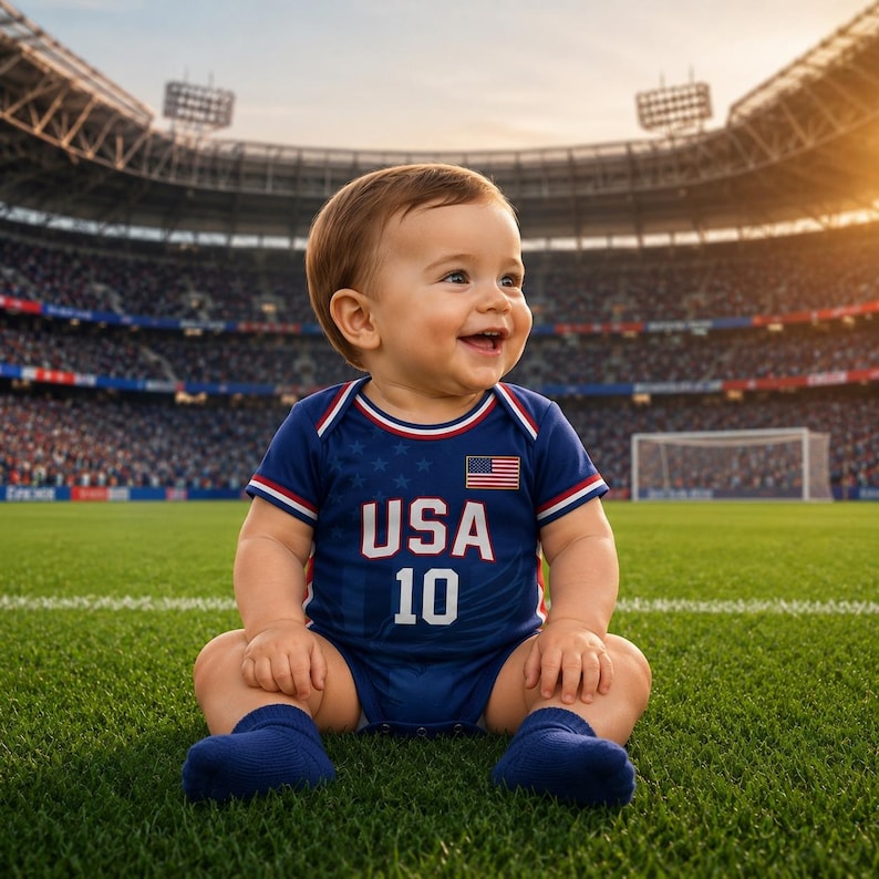 USA Baby Soccer Bodysuit Custom Name Number, Personalized USA Infant Onesie