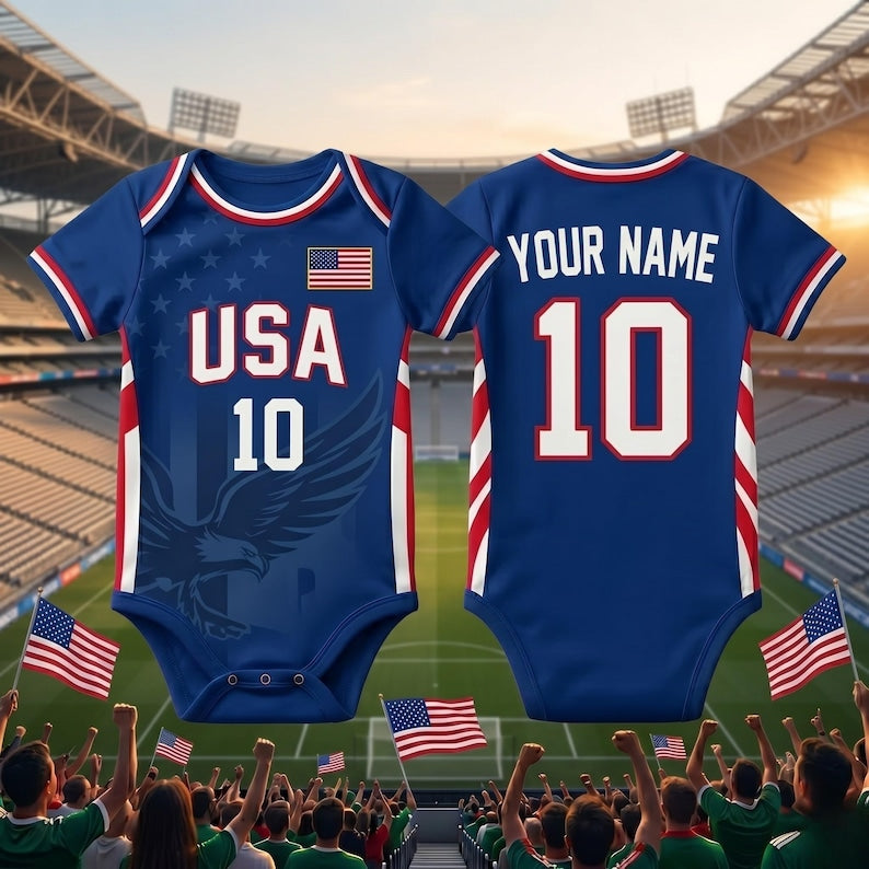 USA Baby Soccer Bodysuit Custom Name Number, Personalized USA Infant Onesie