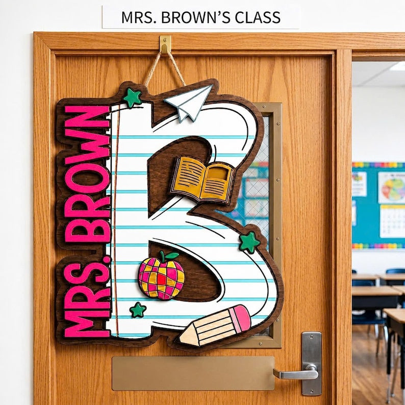 Personalized Alphabet Teacher Door Hanger, Back To School Teacher Gift, Custom Pencil Classroom Sign