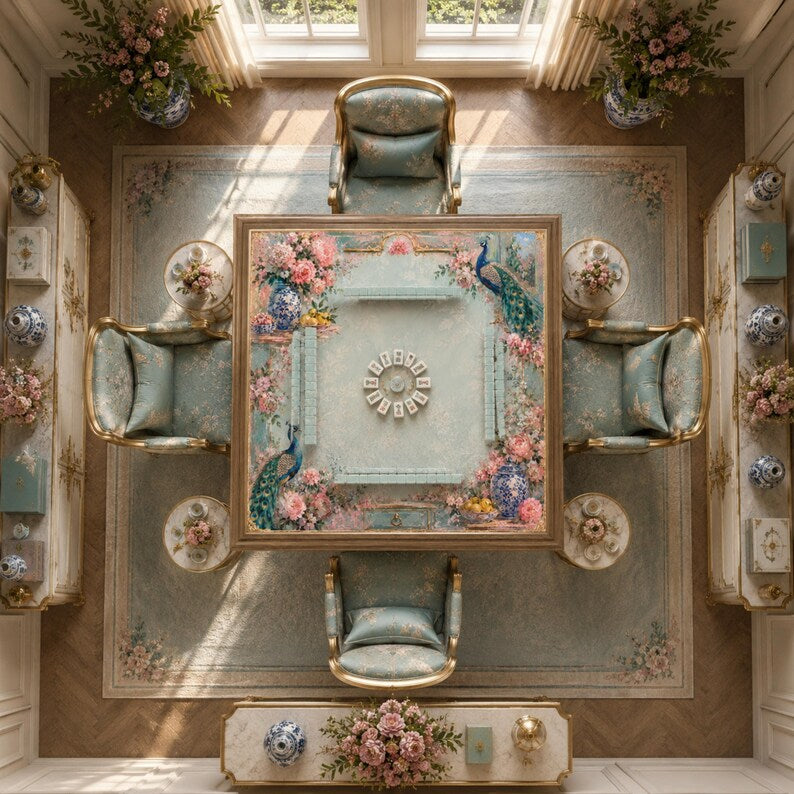 Peony Peacock Garden Mahjong Mat, American Mahjong Mat, Chinoiserie Floral Blue Vase, Grandmillennial Botanical Mahjong