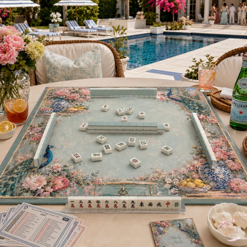 Peony Peacock Garden Mahjong Mat, American Mahjong Mat, Chinoiserie Floral Blue Vase, Grandmillennial Botanical Mahjong