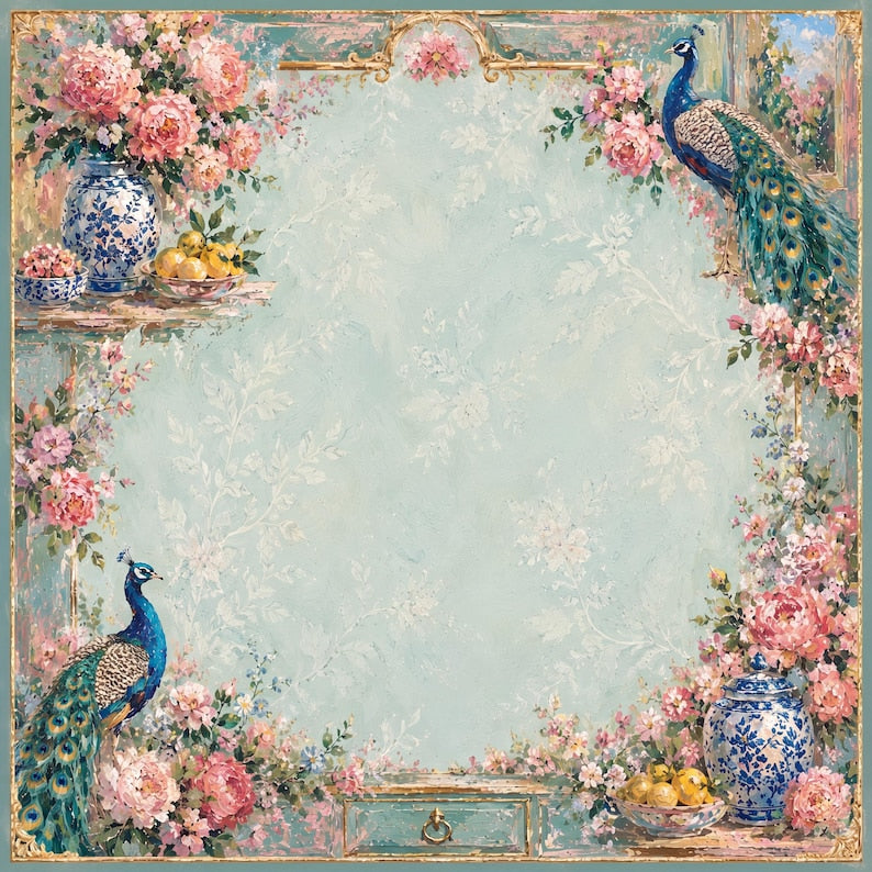 Peony Peacock Garden Mahjong Mat, American Mahjong Mat, Chinoiserie Floral Blue Vase, Grandmillennial Botanical Mahjong