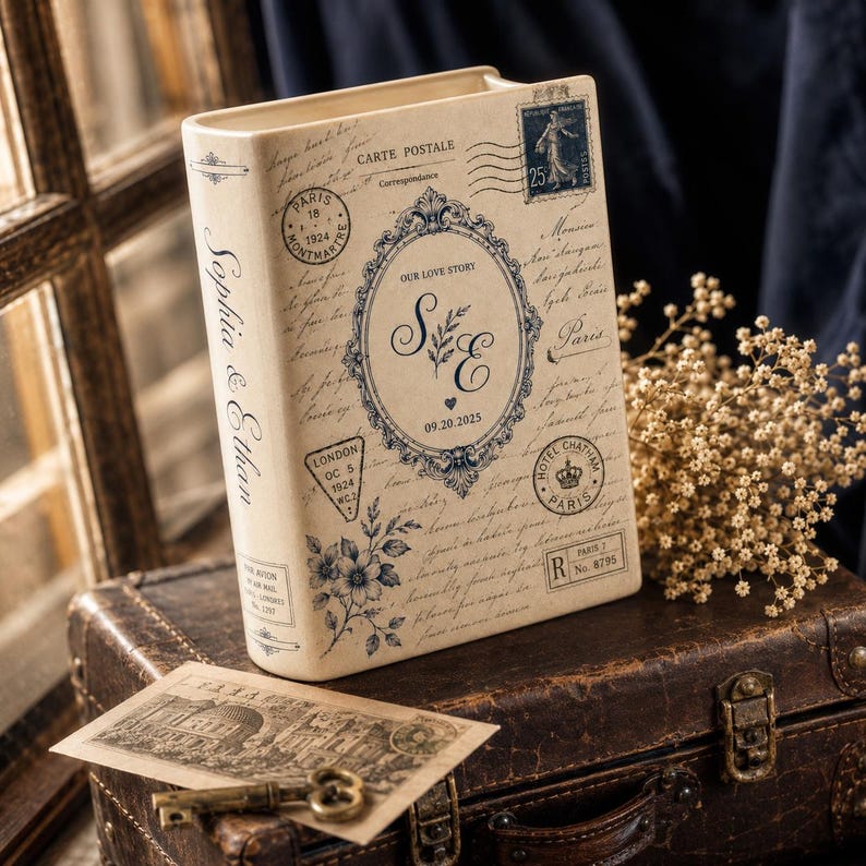 Custom Toile De Jouy Ceramic Book Vase, Personalised Wedding Gift for Couple