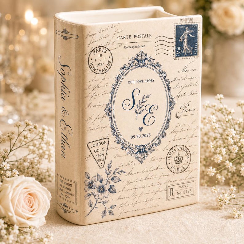 Custom Toile De Jouy Ceramic Book Vase, Personalised Wedding Gift for Couple