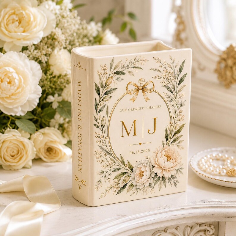 Custom Toile De Jouy Ceramic Book Vase, Personalised Wedding Gift for Couple, Floral Book Shaped Vase
