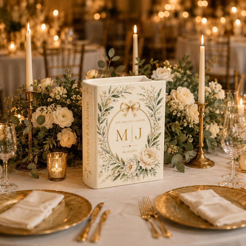 Custom Toile De Jouy Ceramic Book Vase, Personalised Wedding Gift for Couple, Floral Book Shaped Vase
