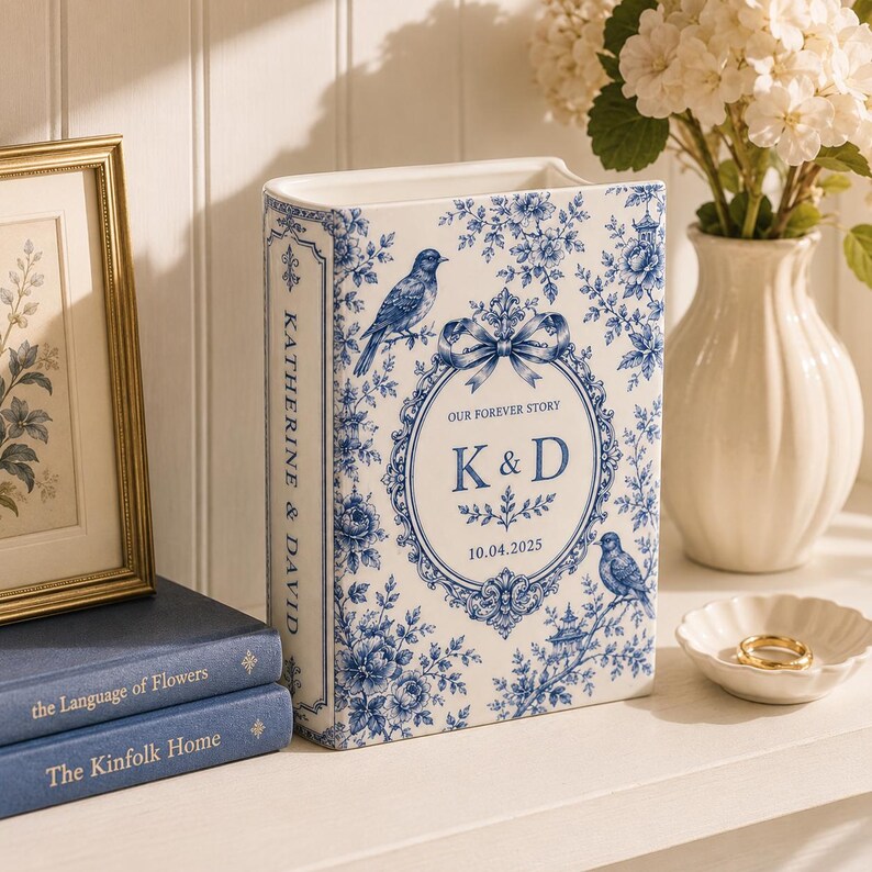 Custom Toile De Jouy Ceramic Book Vase, Personalised Wedding Gift for Couple, Floral Book Shaped Vase