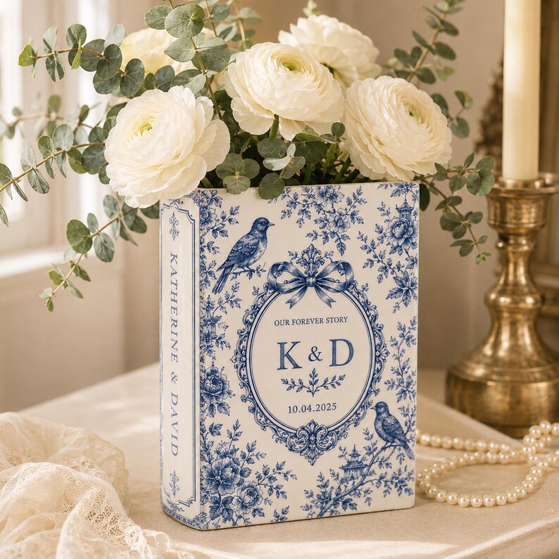 Custom Toile De Jouy Ceramic Book Vase, Personalised Wedding Gift for Couple, Floral Book Shaped Vase