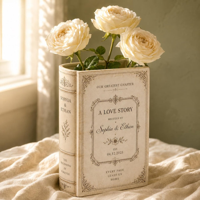 Custom Toile De Jouy Ceramic Book Vase, Personalised Wedding Gift for Couple
