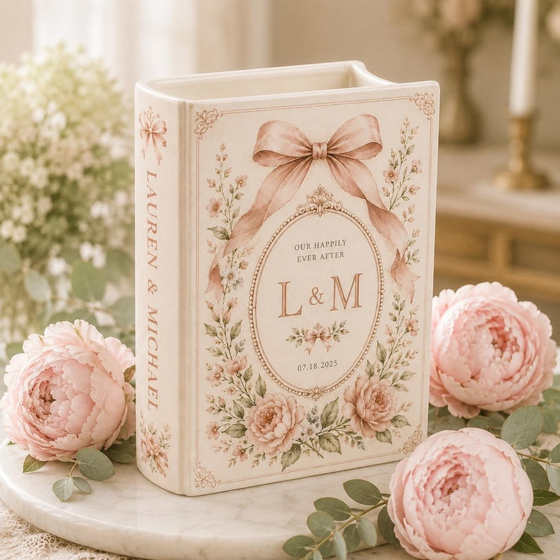 Custom Toile De Jouy Ceramic Book Vase, Personalised Wedding Gift for Couple, Floral Book Shaped Vase