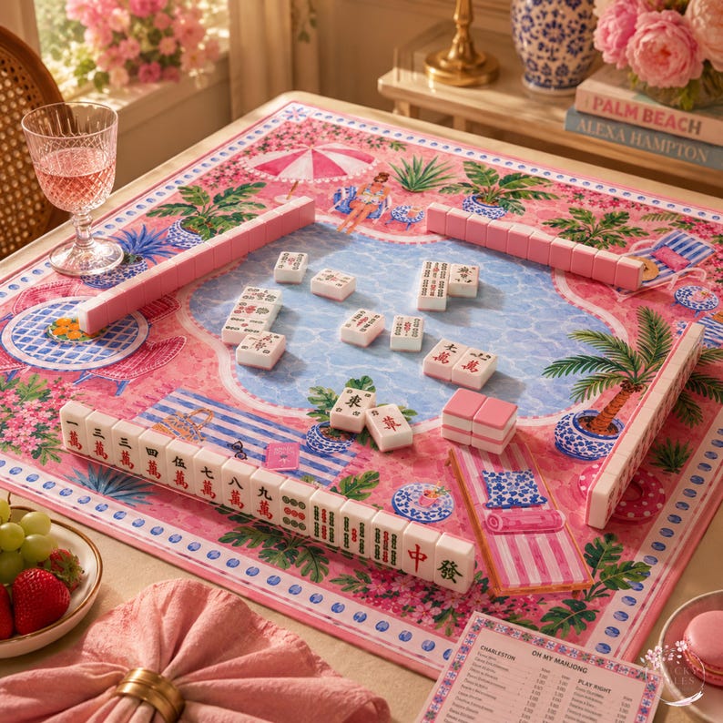 Palm Beach Poolside Mahjong Mat, American Mahjong Mat, Pink Resort Cabana Garden, Tropical Chinoiserie Mahjong Gift