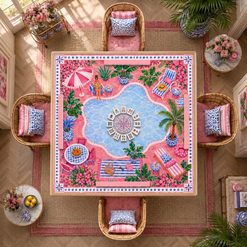 Palm Beach Poolside Mahjong Mat, American Mahjong Mat, Pink Resort Cabana Garden, Tropical Chinoiserie Mahjong Gift