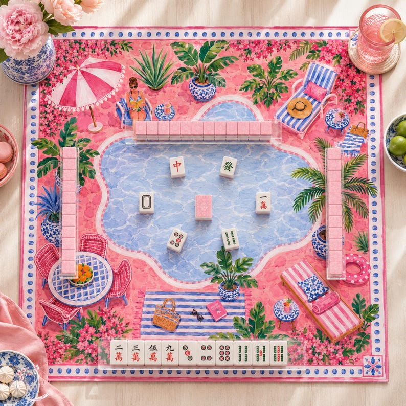 Palm Beach Poolside Mahjong Mat, American Mahjong Mat, Pink Resort Cabana Garden, Tropical Chinoiserie Mahjong Gift