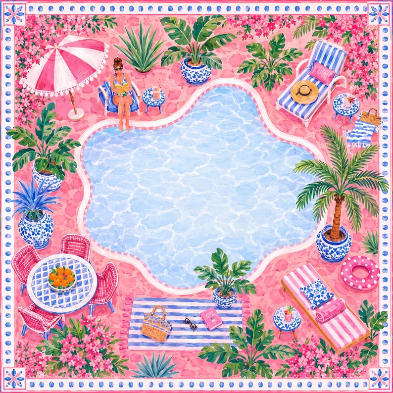 Palm Beach Poolside Mahjong Mat, American Mahjong Mat, Pink Resort Cabana Garden, Tropical Chinoiserie Mahjong Gift