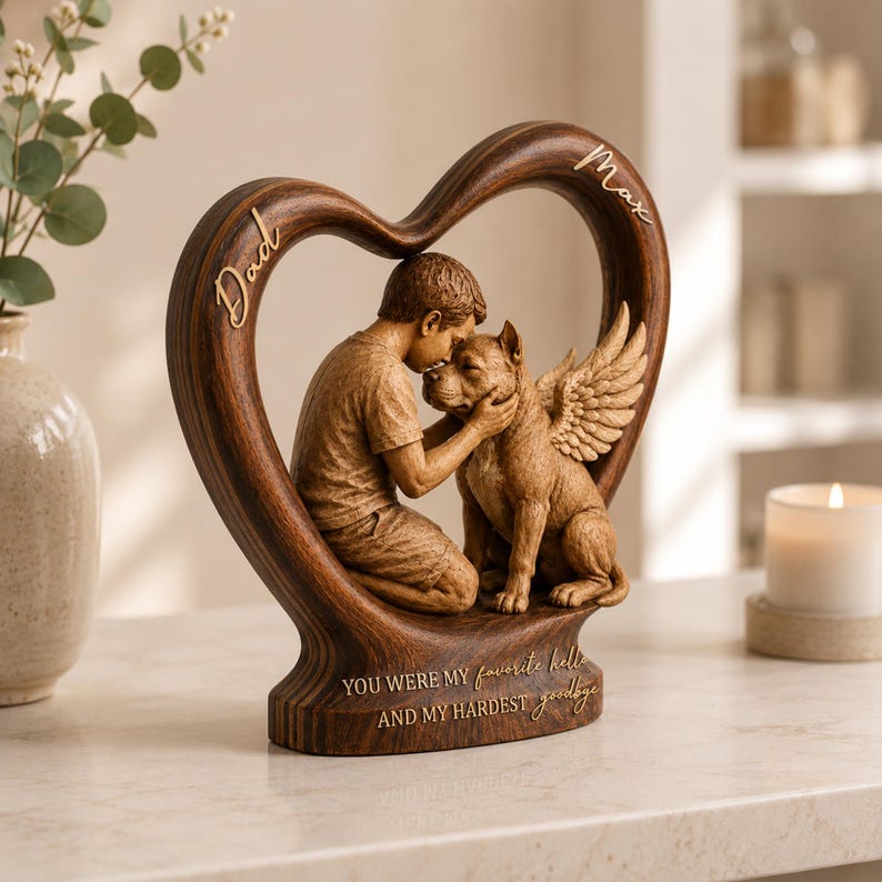 Personalized Pet Memorial Wooden Heart Block, Custom Pet Loss Gift, Angel Wings Pet Keepsake