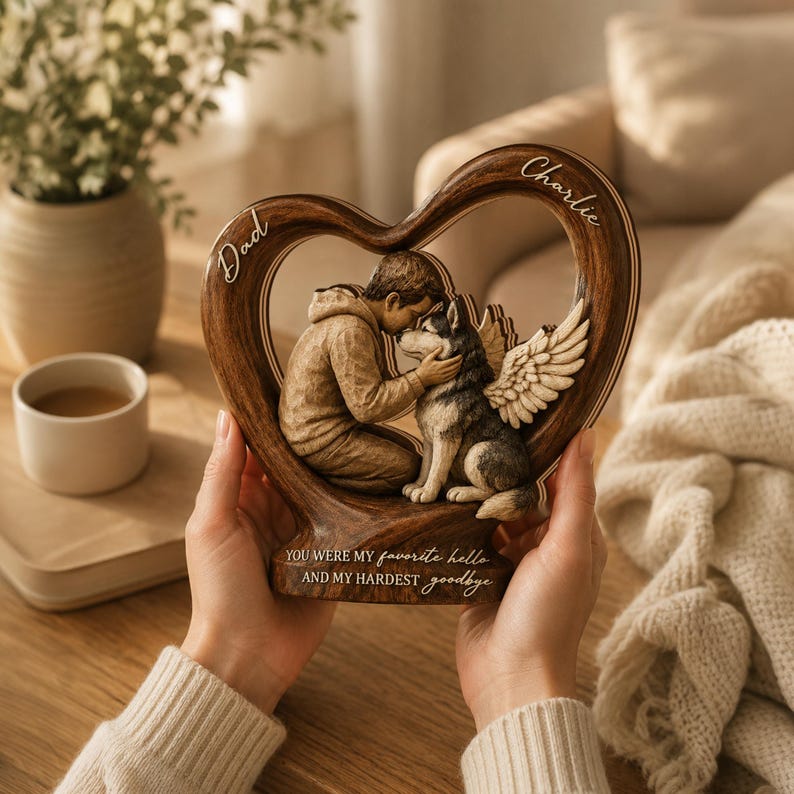 Personalized Pet Memorial Wooden Heart Block, Custom Pet Loss Gift, Angel Wings Pet Keepsake