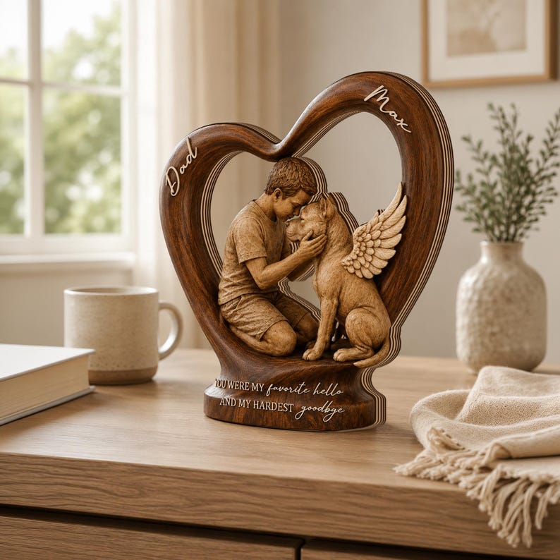 Personalized Pet Memorial Wooden Heart Block, Custom Pet Loss Gift, Angel Wings Pet Keepsake