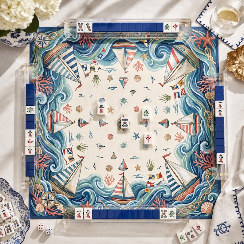 Nautical Sailboat Mahjong Mat, Coastal Ocean Game Mat, Custom Monogram Mahjong Mat, Seaside