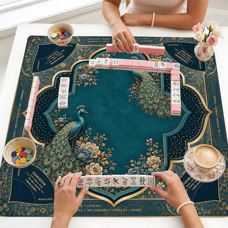 Elegant Peacock Mahjong Mat with Charleston Rules, Blue & Gold Floral Design, America Mahjong Decor, Non-Slip Table Cover