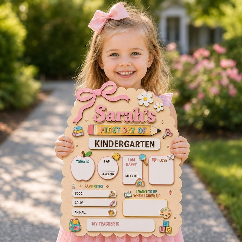 Personalized First Day of School Sign, Custom Kindergarten Milestone Board