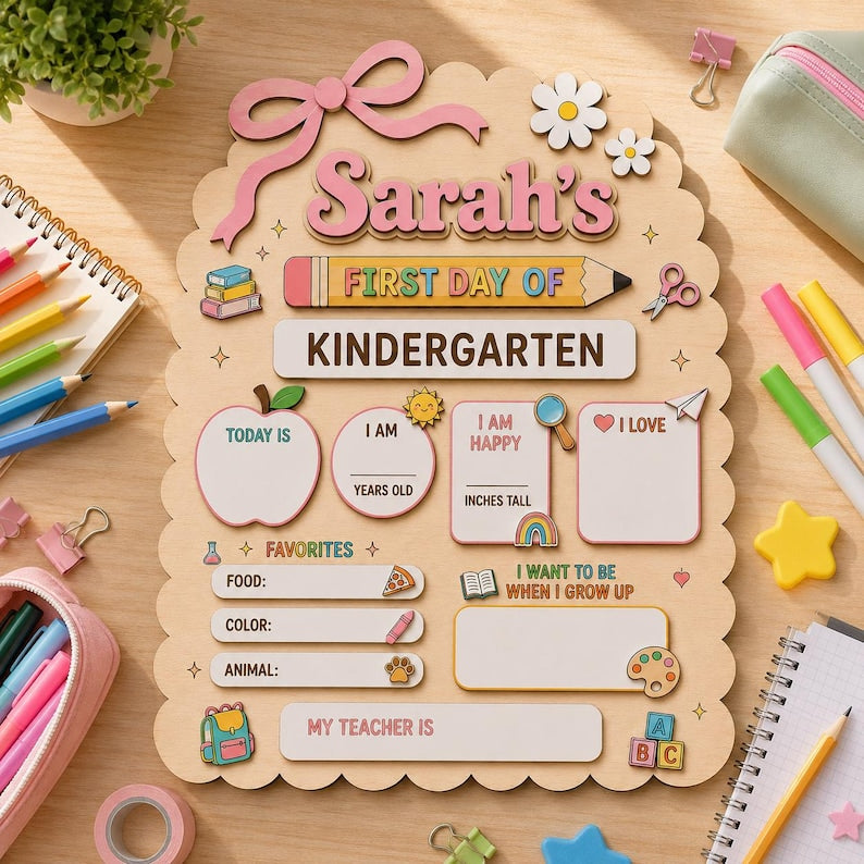 Personalized First Day of School Sign, Custom Kindergarten Milestone Board