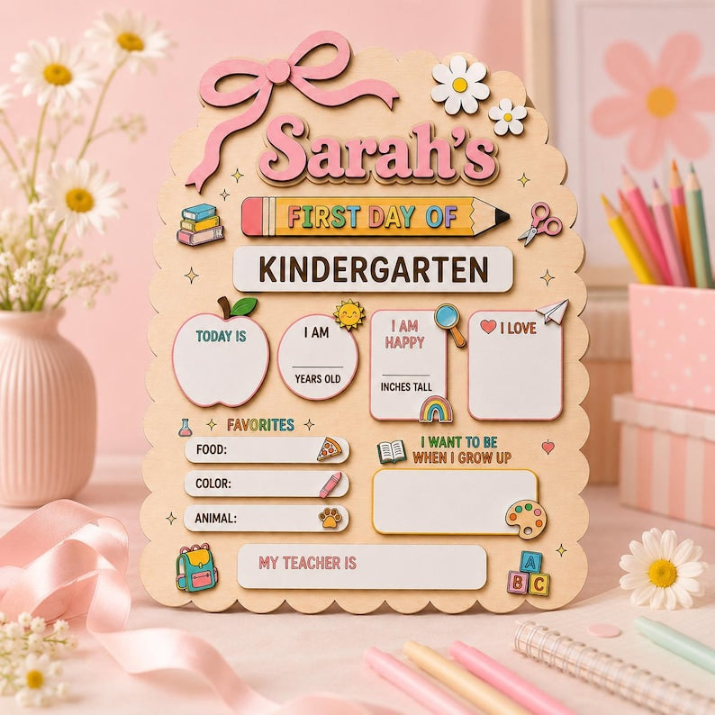 Personalized First Day of School Sign, Custom Kindergarten Milestone Board