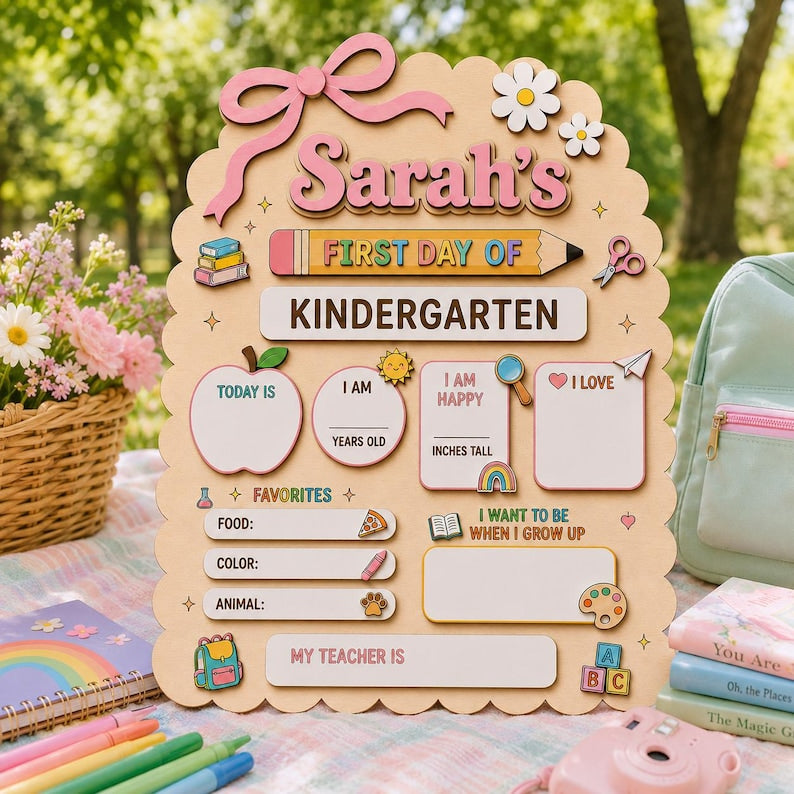 Personalized First Day of School Sign, Custom Kindergarten Milestone Board