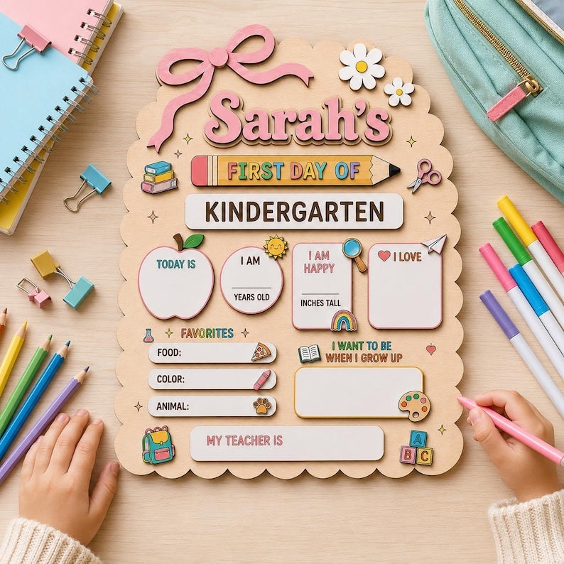 Personalized First Day of School Sign, Custom Kindergarten Milestone Board