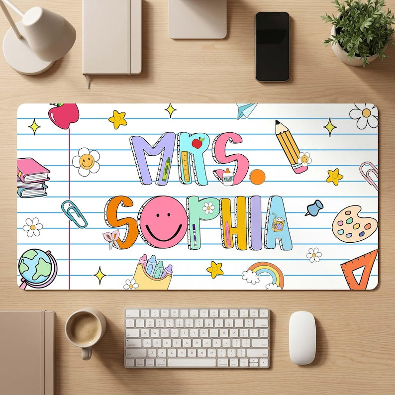 Personalized Teacher Desk Mat, Custom Teacher Book Mouse Pad With Name