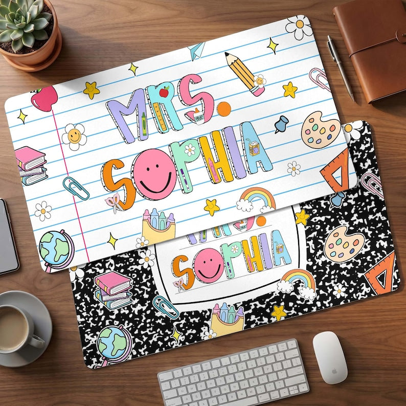 Personalized Teacher Desk Mat, Custom Teacher Book Mouse Pad With Name