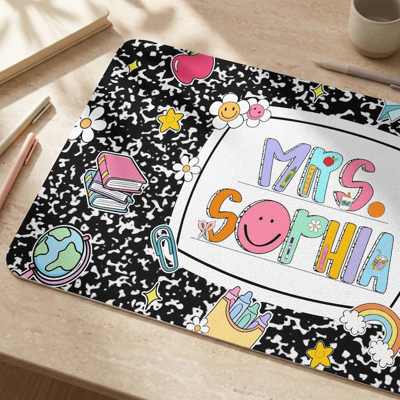 Personalized Teacher Desk Mat, Custom Teacher Book Mouse Pad With Name