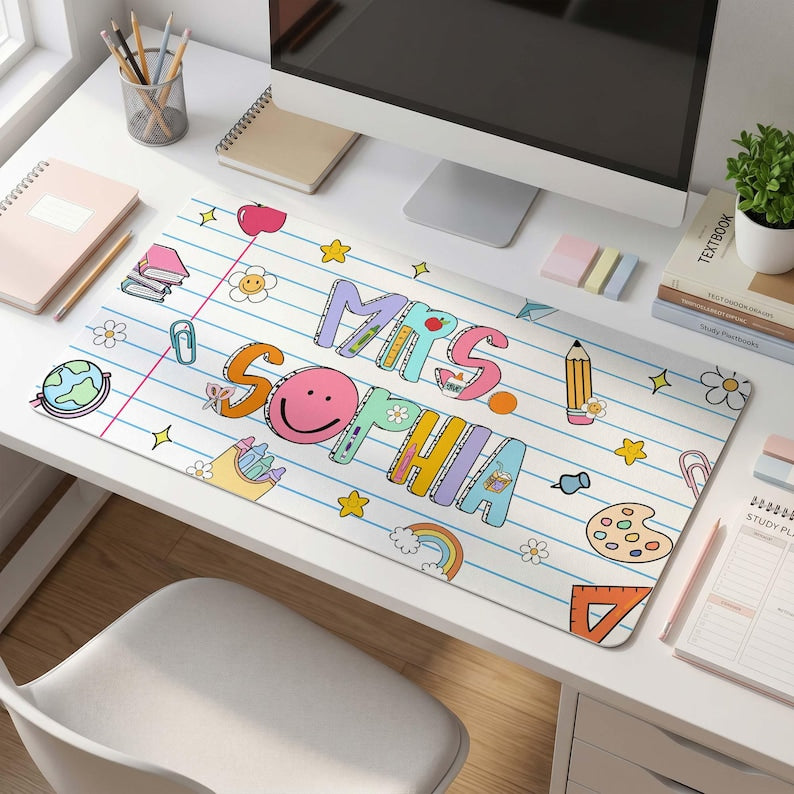 Personalized Teacher Desk Mat, Custom Teacher Book Mouse Pad With Name