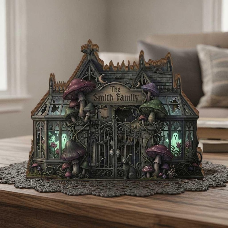 Personalized Halloween Haunted House 2D Flat Wooden Block, Spooky Gothic Home Decor