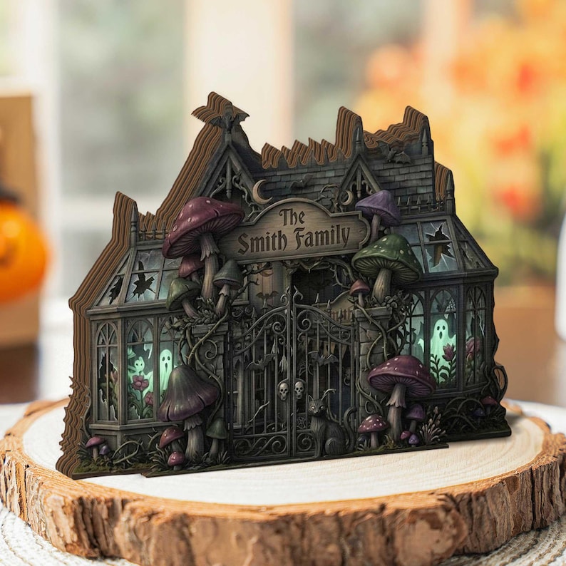 Personalized Halloween Haunted House 2D Flat Wooden Block, Spooky Gothic Home Decor