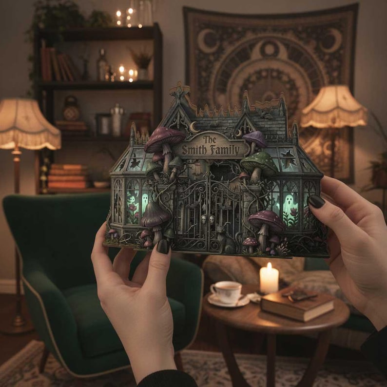 Personalized Halloween Haunted House 2D Flat Wooden Block, Spooky Gothic Home Decor