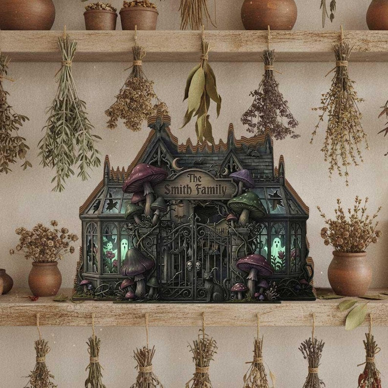 Personalized Halloween Haunted House 2D Flat Wooden Block, Spooky Gothic Home Decor
