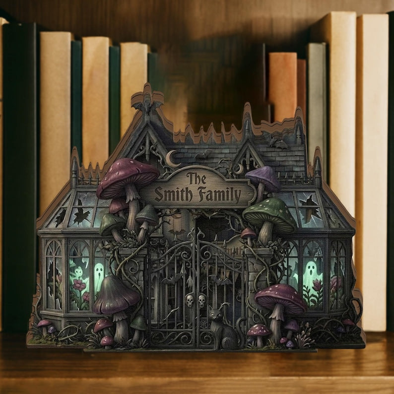 Personalized Halloween Haunted House 2D Flat Wooden Block, Spooky Gothic Home Decor
