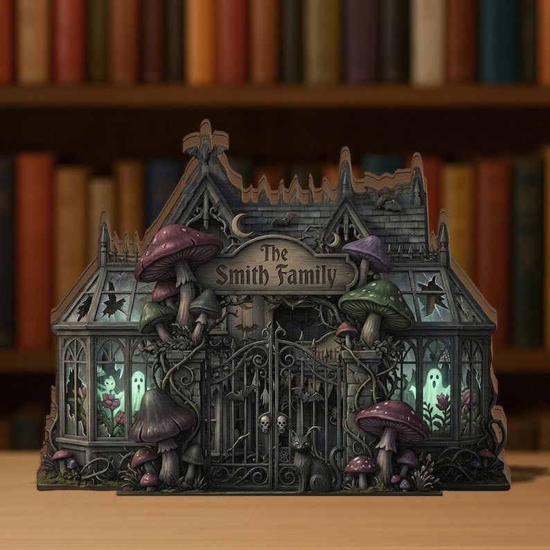 Personalized Halloween Haunted House 2D Flat Wooden Block, Spooky Gothic Home Decor